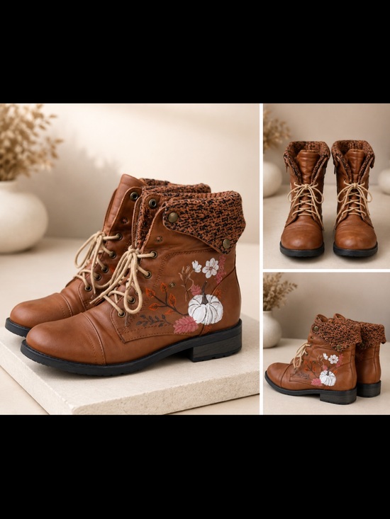 Handmade Shoes - Hand Painted - Women’s Brown Fall Floral & Pumpkin - Combat Boot & Knit Collar